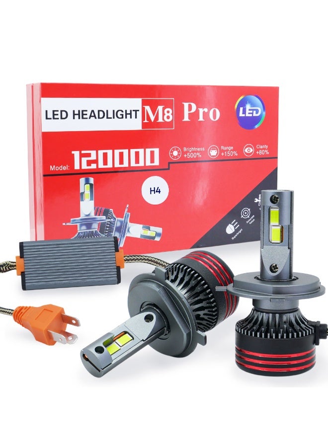 طقم لمبات ليد أمامية M8PRO عالية القوة 360 درجة (قطعتين) – H4 | 120 واط | شعاع مزدوج (عالي ومنخفض) | 6000 كلفن مع درايفر | ضمان دولي لمدة 6 أشهر - Image 1